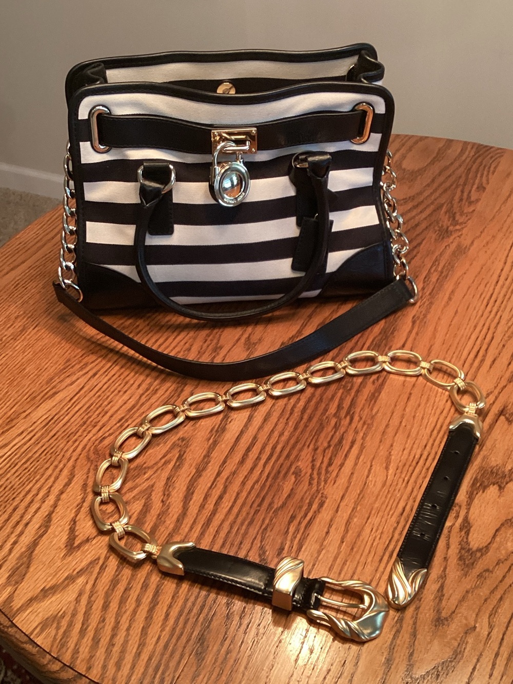 Michael KorsBlack and White Satchel Bag/ Italian Leather Gold Chain Link Belt